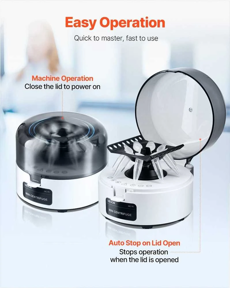 Mini centrifugos aparatas laboratoriniams eksperimentams, elektrinė tylaus veikimo kompaktiška centrifuga, „du viename“ rotorius, fiksuotas 7000 rpm greitis, nešiojama laboratorinė įranga