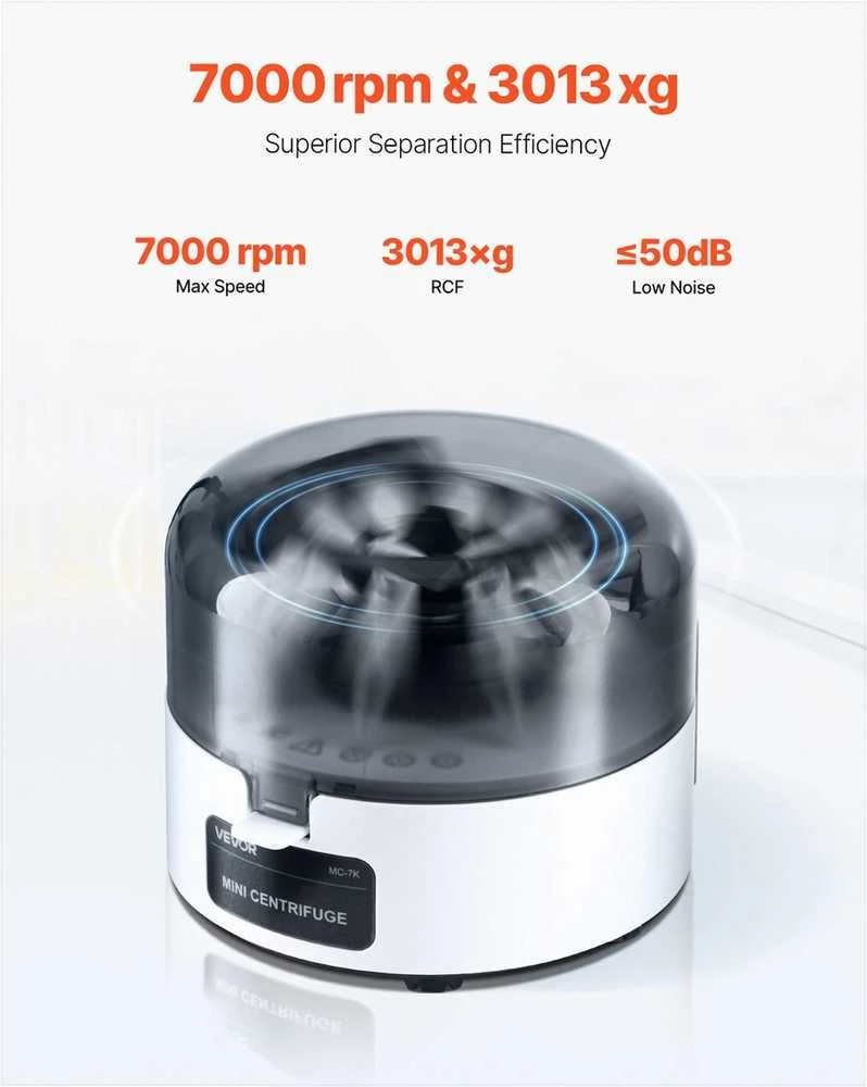 Mini centrifugos aparatas laboratoriniams eksperimentams, elektrinė tylaus veikimo kompaktiška centrifuga, „du viename“ rotorius, fiksuotas 7000 rpm greitis, nešiojama laboratorinė įranga