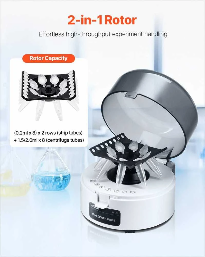 Mini centrifugos aparatas laboratoriniams eksperimentams, elektrinė tylaus veikimo kompaktiška centrifuga, „du viename“ rotorius, fiksuotas 7000 rpm greitis, nešiojama laboratorinė įranga