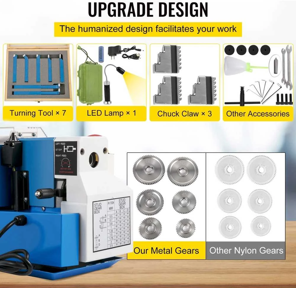 Mini metalo tekinimo staklės, 550 W kintamo greičio metalo tekinimo staklės metalo tekinimui, gręžimui ir sriegimui, precizinės mini tekinimo staklės su įrankių dėže