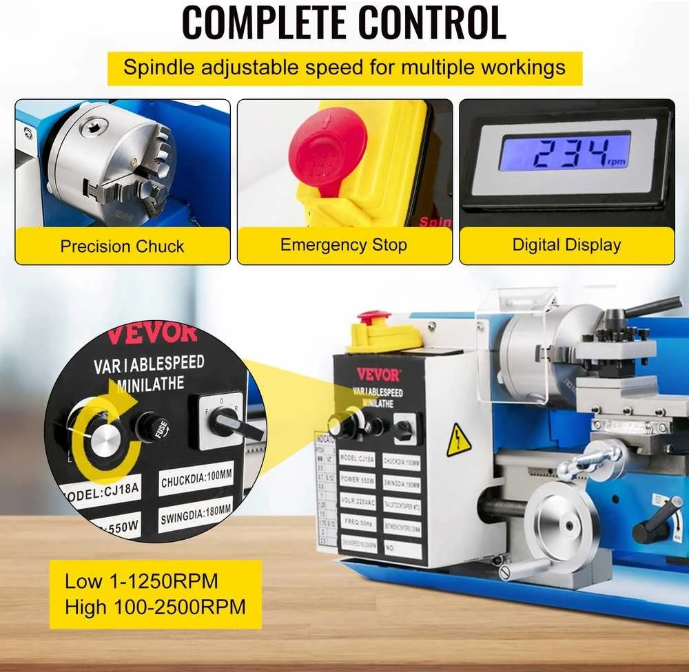 Mini metalo tekinimo staklės, 550 W kintamo greičio metalo tekinimo staklės metalo tekinimui, gręžimui ir sriegimui, precizinės mini tekinimo staklės su įrankių dėže