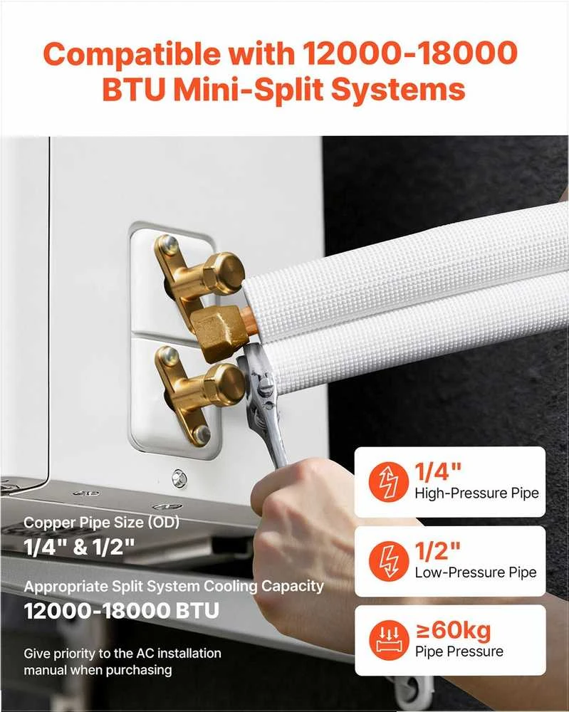 Mini Split linijų rinkinys oro kondicionieriui ar šilumos siurbliui, 15.2m ilgio variniai vamzdžiai su izoliacija, AC vamzdžių komplektas, ŠVOK jungčių rinkinys, montavimo priedai