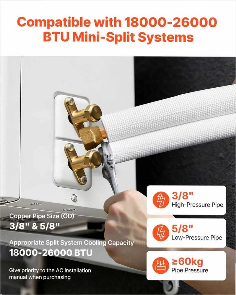 Mini Split linijų rinkinys ŠVOK ar šilumos siurbliui, 30.5m variniai vamzdžiai su PE izoliacija, sandarios jungtys, montavimo komplektas, oro kondicionavimo varinių vamzdžių rinkinys