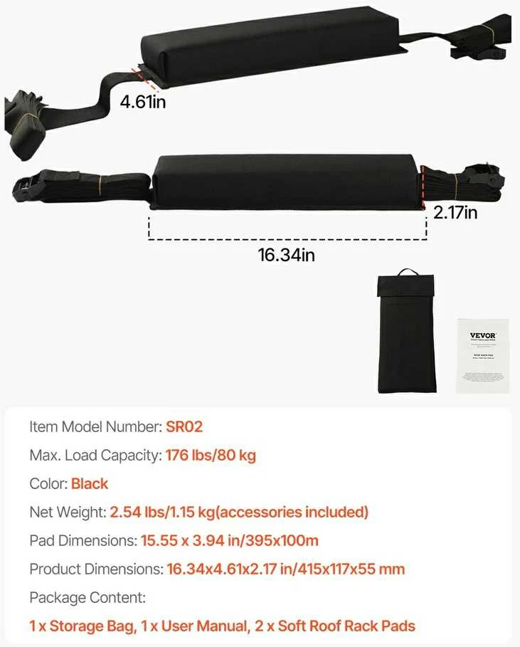 Minkšti stogo bagažinės kilimėliai, 415 mm, 80 kg keliamoji galia, baidarių, kanojų, banglenčių laikiklis