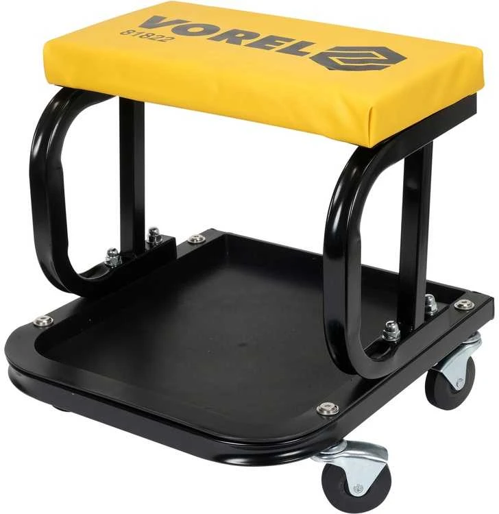 Mobilus dirbtuvių taburetė su plieniniu rėmu, viniline sėdyne, 4 ratais, mechaniko sėdynė