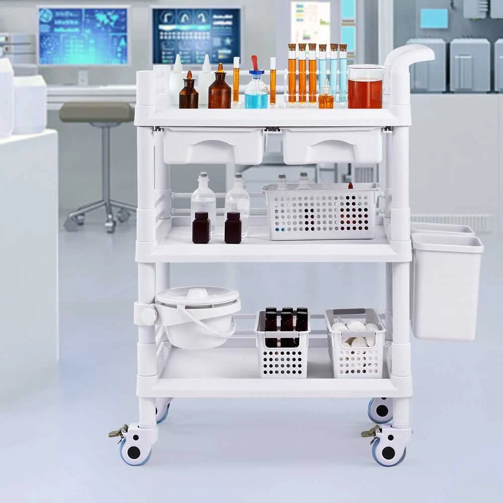 VEVOR Medicininis vežimėlis su 3 lentynomis ir šiukšliadėžėmis