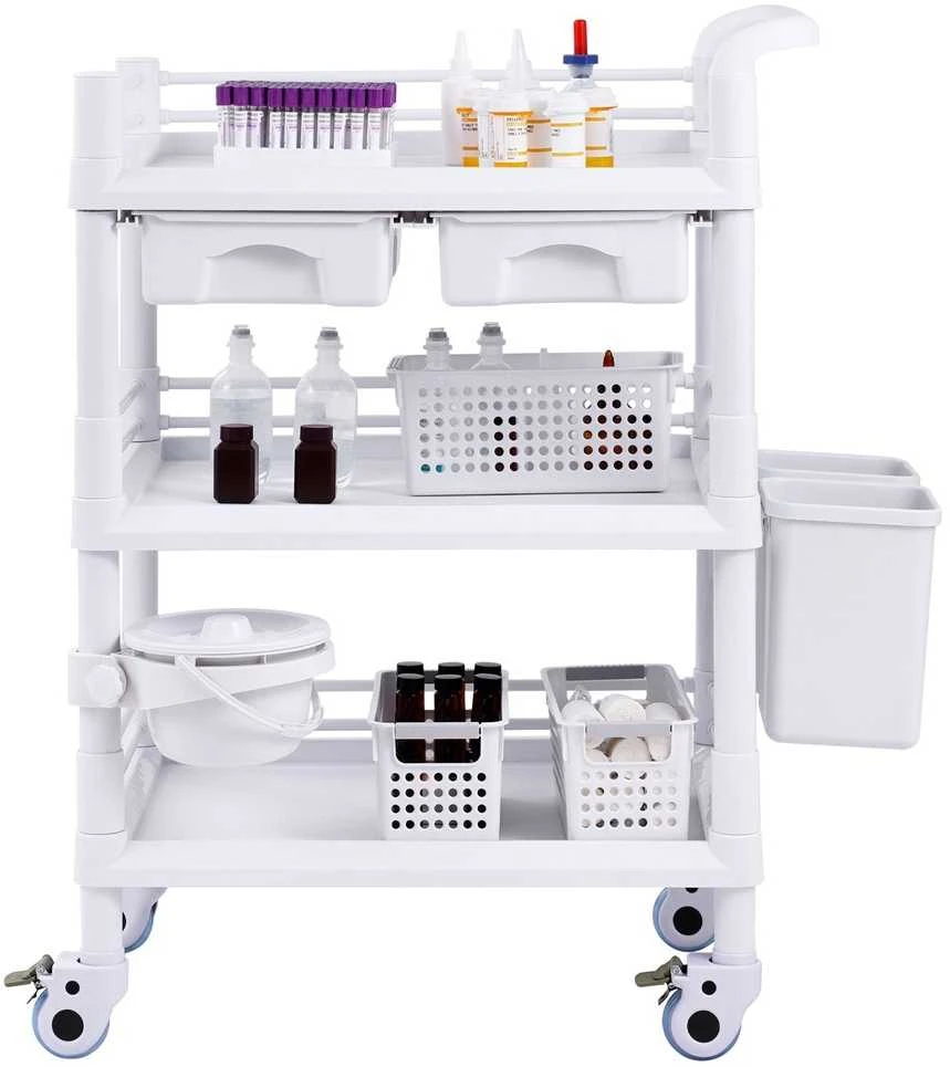 VEVOR Medicininis vežimėlis su 3 lentynomis ir šiukšliadėžėmis