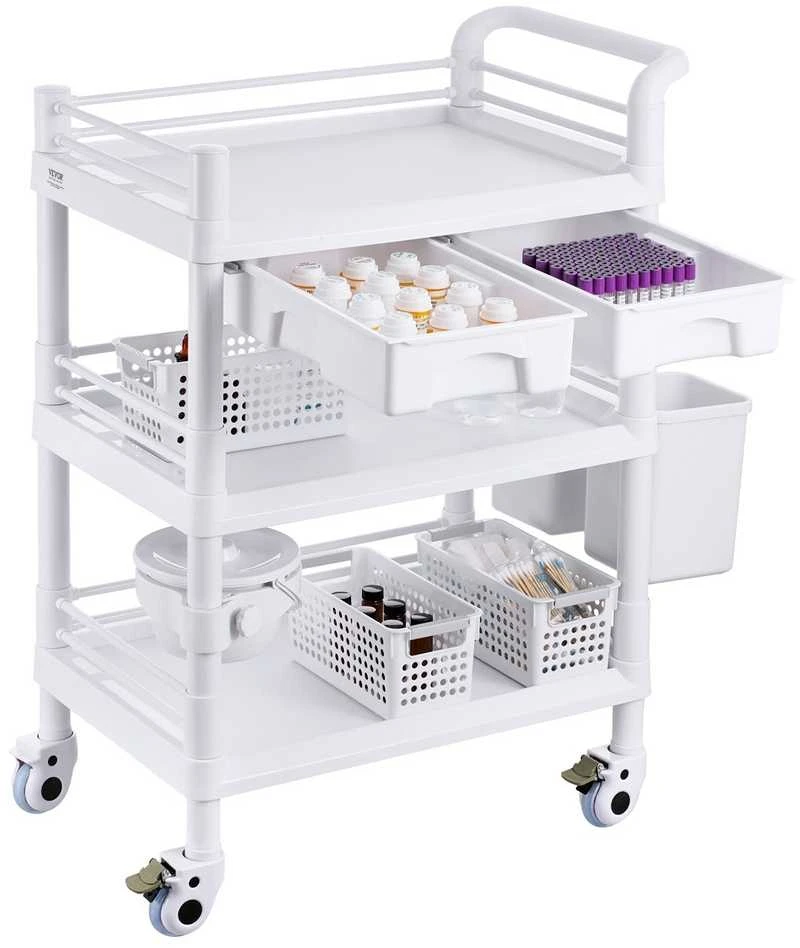 VEVOR Medicininis vežimėlis su 3 lentynomis ir šiukšliadėžėmis