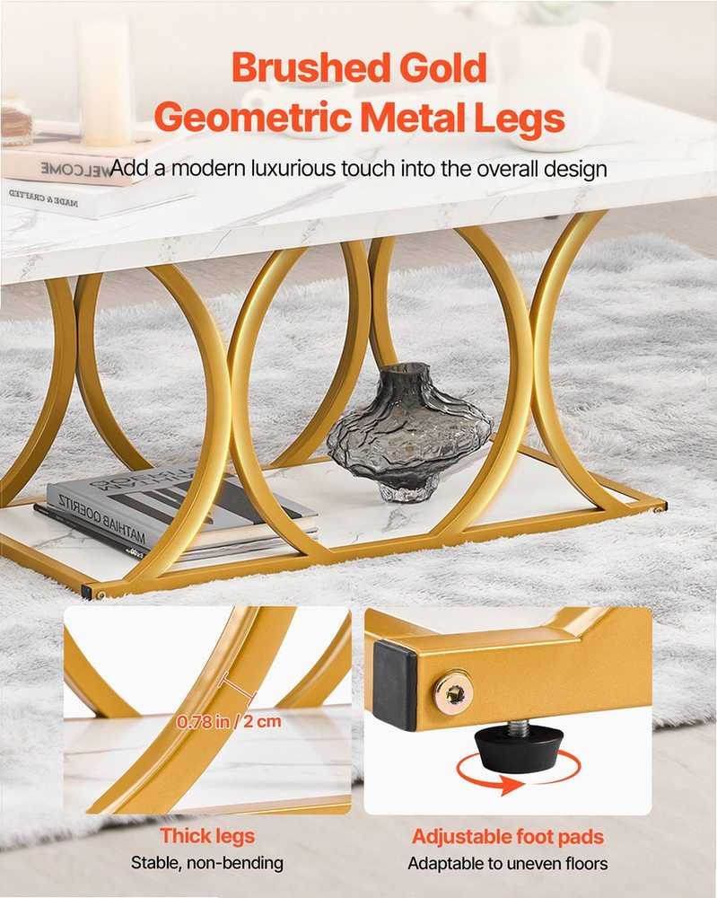 Modernus dirbtinio marmuro kavos staliukas, 2 lygių stačiakampis centrinis stalas su geometrinėmis metalinėmis kojomis, minimalistinis tvirtas akcentinis staliukas svetainei, balta spalva, žurnalinis staliukas