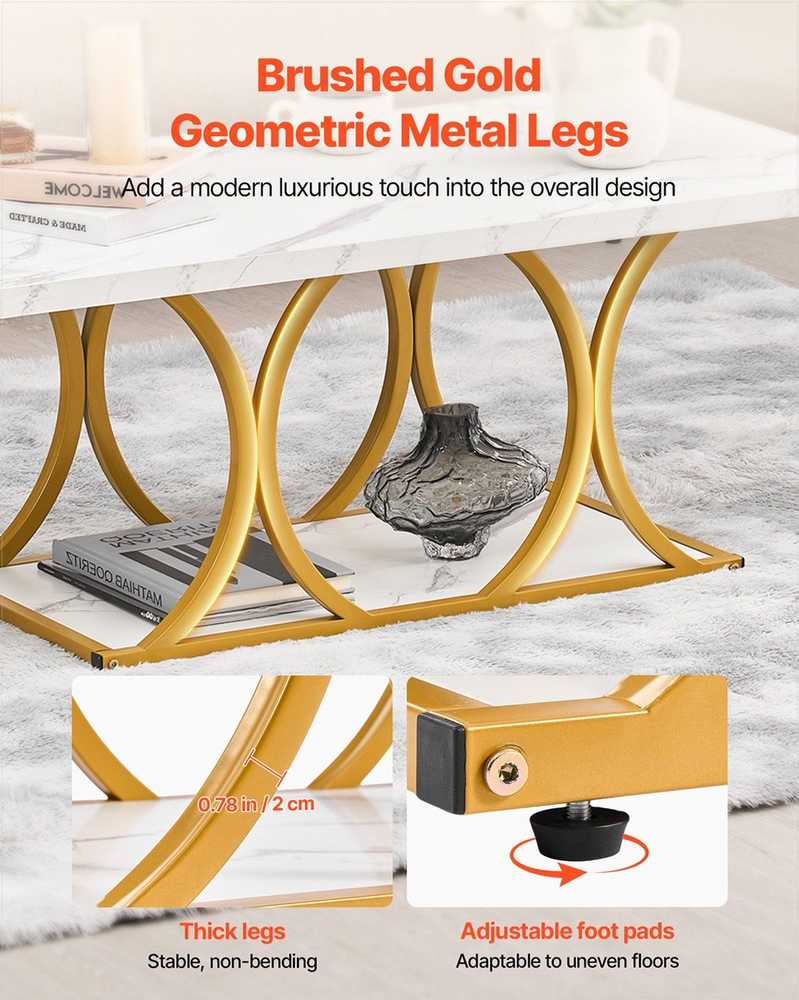 Modernus dirbtinio marmuro kavos staliukas, 2 lygių stačiakampis svetainės stalas su geometrinėmis kojomis, tvirtas metalinis rėmas, balta akcentinė komoda, lengvai surenkamas žurnalinis stalas