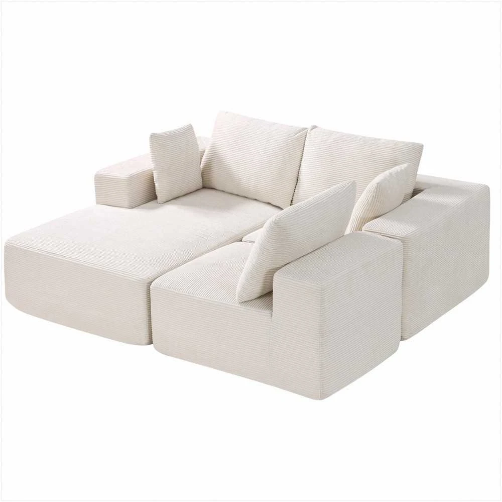 Modulinė sekcijinė sofa, L formos su gulimąja dalimi, velvetu aptraukta sofa svetainei, minkšta sofa su aukšto atšokimo kempine, smėlio spalvos, kampinė sofa poilsiui