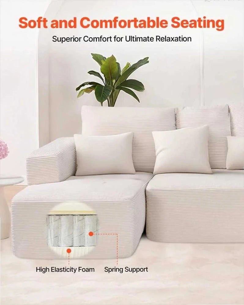 Modulinė sekcijinė sofa, L formos su gulimąja dalimi, velvetu aptraukta sofa svetainei, minkšta sofa su aukšto atšokimo kempine, smėlio spalvos, kampinė sofa poilsiui