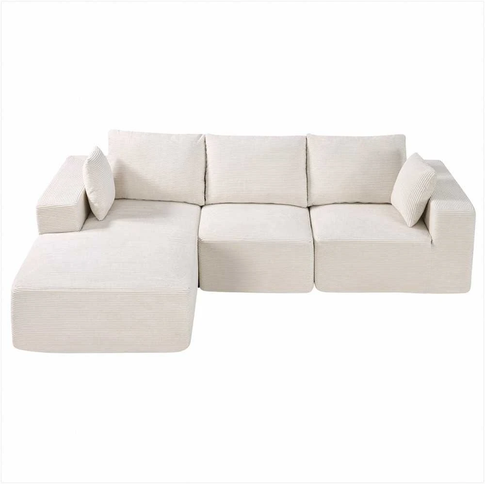 Modulinė sekcijinė sofa, L formos su gulimąja dalimi, velvetu aptraukta sofa svetainei, minkšta sofa su aukšto atšokimo kempine, smėlio spalvos, kampinė sofa poilsiui