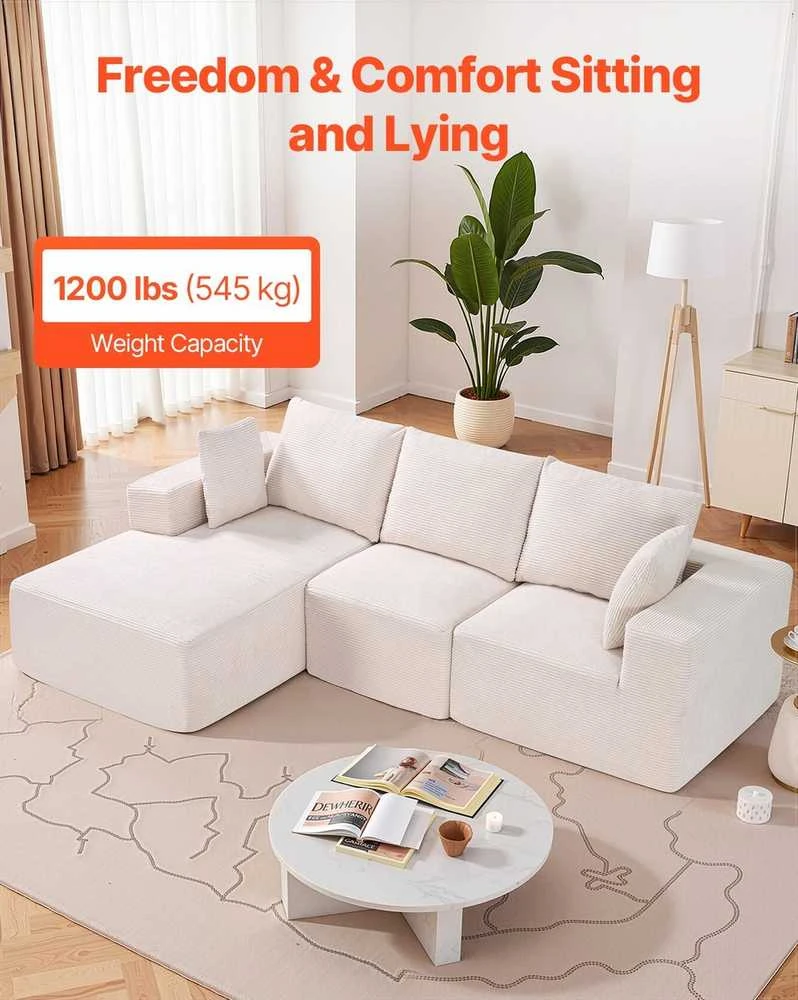 Modulinė sekcijinė sofa, L formos su gulimąja dalimi, velvetu aptraukta sofa svetainei, minkšta sofa su aukšto atšokimo kempine, smėlio spalvos, kampinė sofa poilsiui