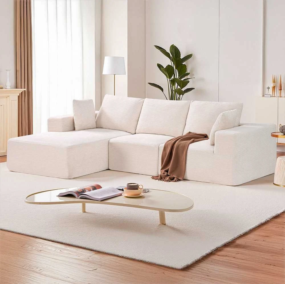 Modulinė sekcijinė sofa, L formos su gulimąja dalimi, velvetu aptraukta sofa svetainei, minkšta sofa su aukšto atšokimo kempine, smėlio spalvos, kampinė sofa poilsiui
