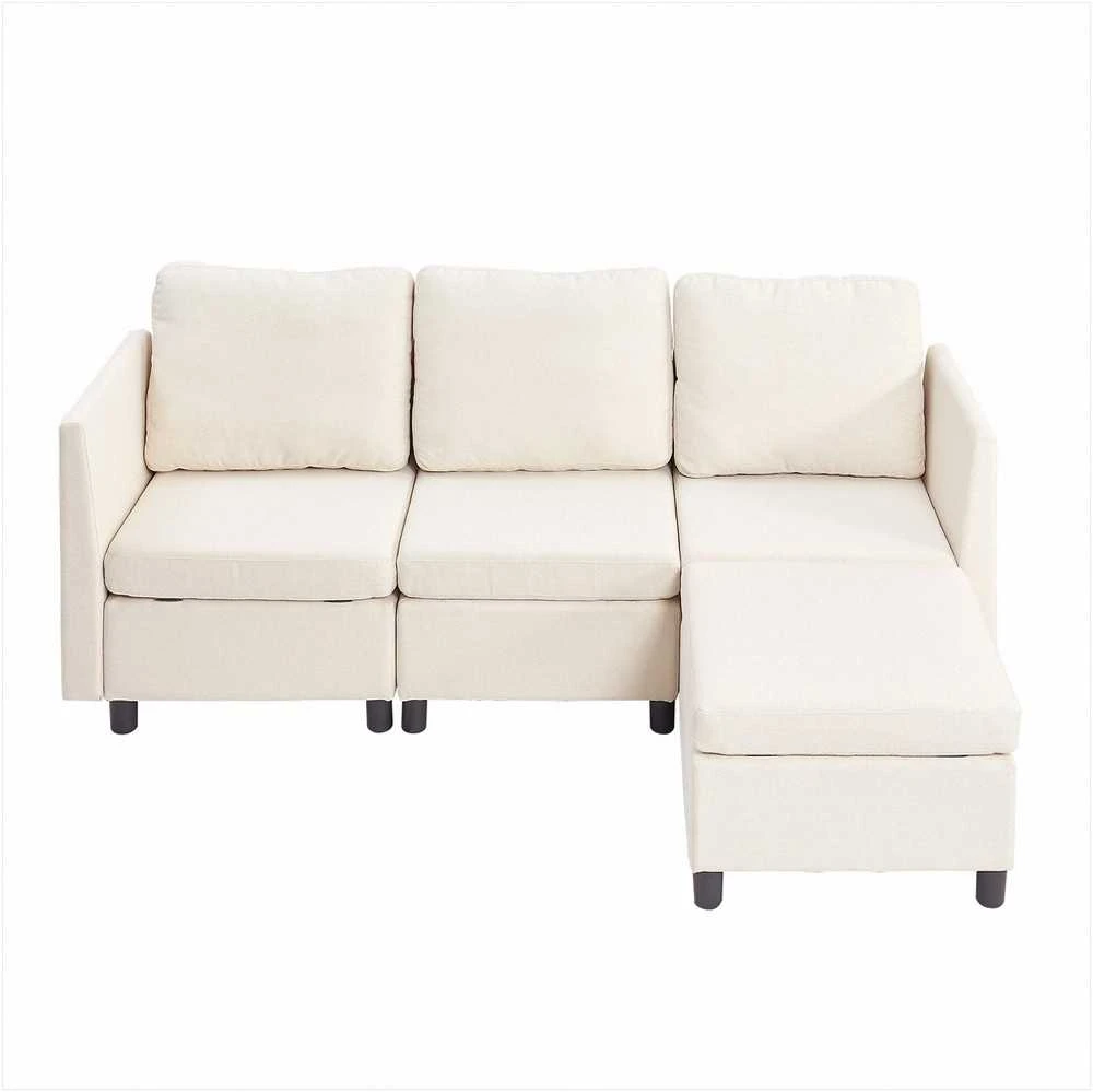 Modulinė sekcijinė sofa svetainei ir miegamajam, su paslėpta dėtuve ir aukšto atšokimo kempine, 3 vietų minkštas kampas, balkšva sofa su pufu