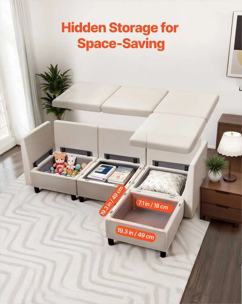 Modulinė sekcijinė sofa svetainei ir miegamajam, su paslėpta dėtuve ir aukšto atšokimo kempine, 3 vietų minkštas kampas, balkšva sofa su pufu