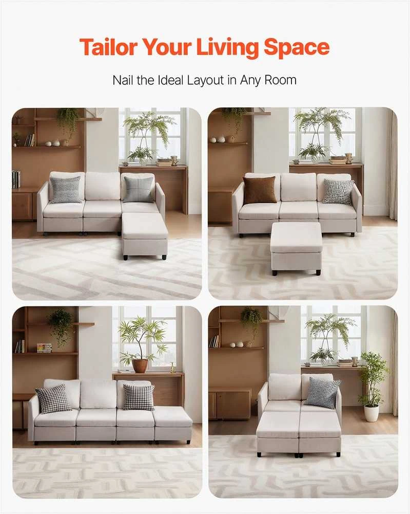 Modulinė sekcijinė sofa svetainei ir miegamajam, su paslėpta dėtuve ir aukšto atšokimo kempine, 3 vietų minkštas kampas, balkšva sofa su pufu