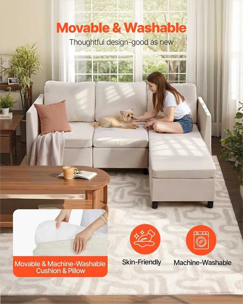 Modulinė sekcijinė sofa svetainei ir miegamajam, su paslėpta dėtuve ir aukšto atšokimo kempine, 3 vietų minkštas kampas, balkšva sofa su pufu