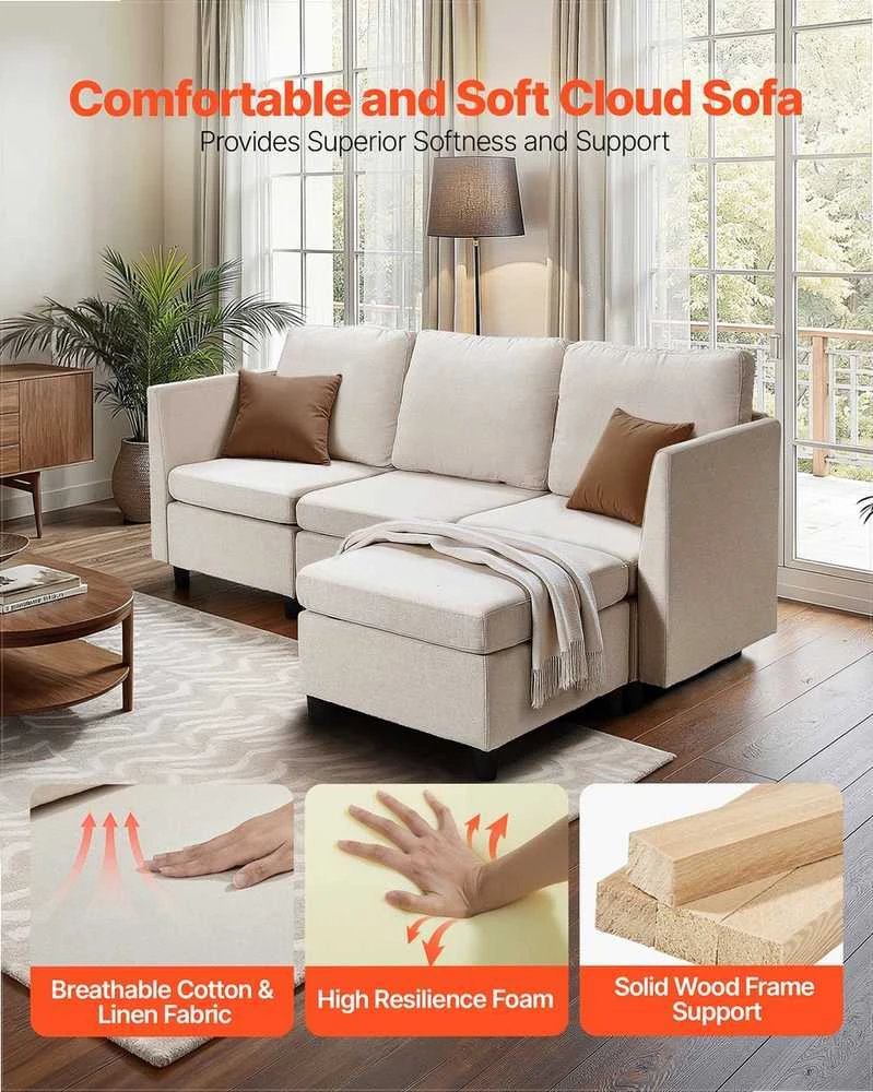 Modulinė sekcijinė sofa svetainei ir miegamajam, su paslėpta dėtuve ir aukšto atšokimo kempine, 3 vietų minkštas kampas, balkšva sofa su pufu