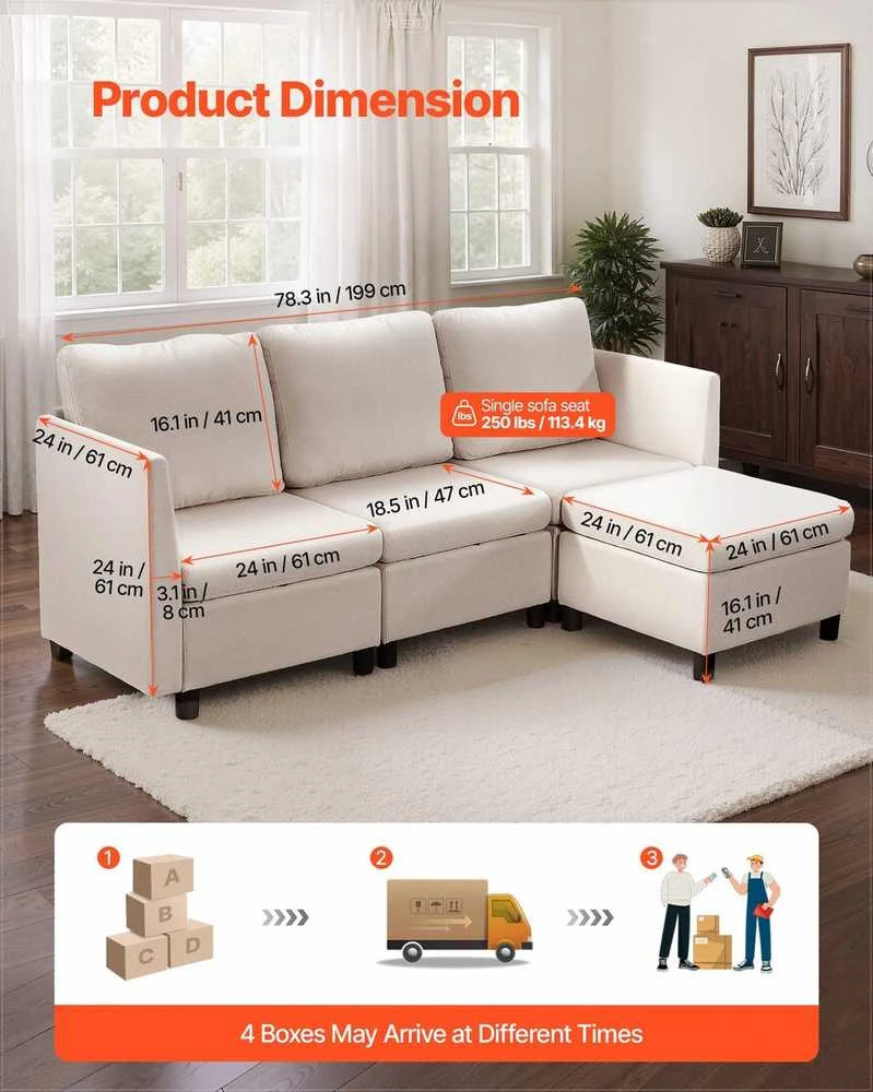 Modulinė sekcijinė sofa svetainei ir miegamajam, su paslėpta dėtuve ir aukšto atšokimo kempine, 3 vietų minkštas kampas, balkšva sofa su pufu