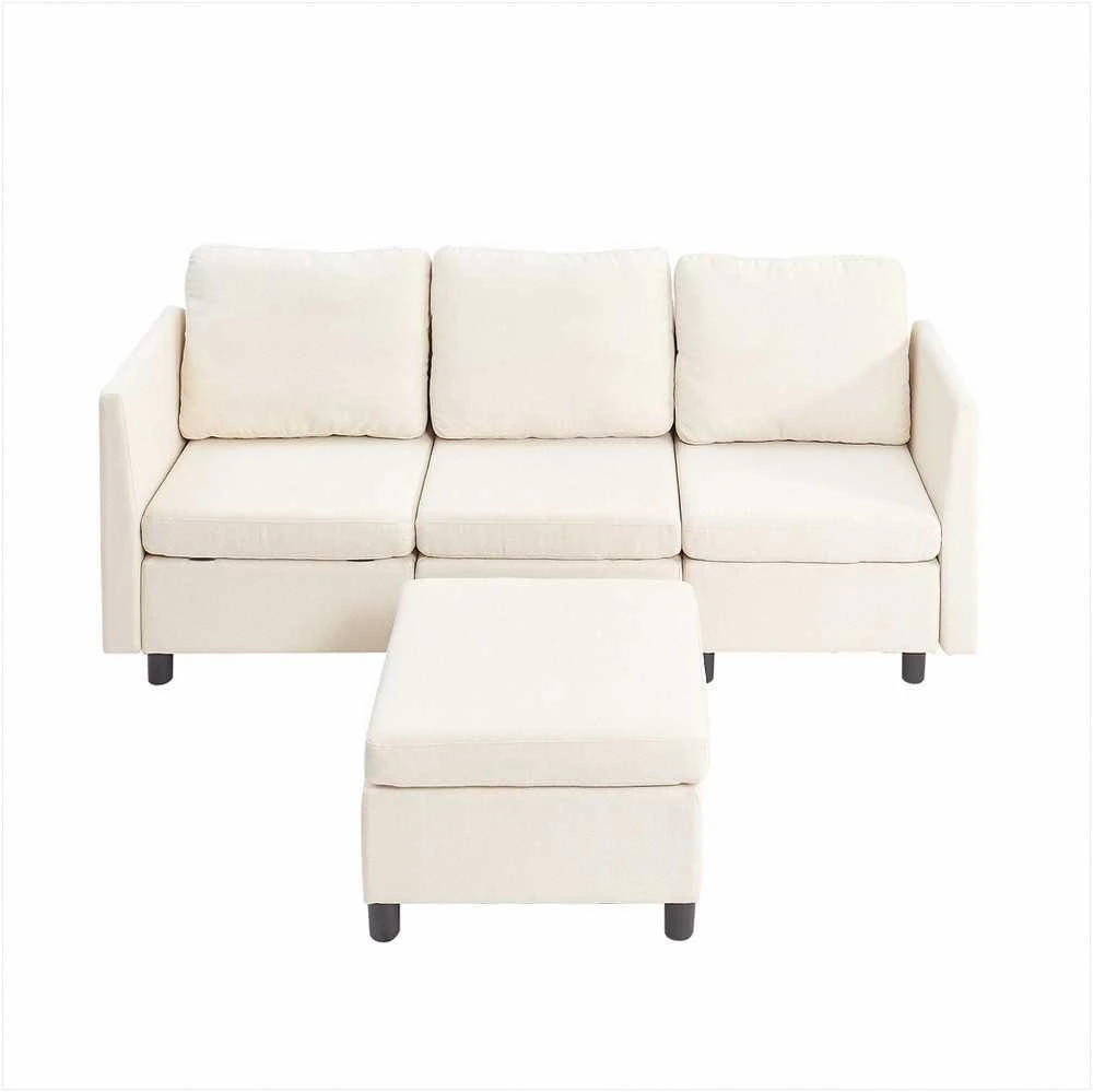 Modulinė sekcijinė sofa svetainei ir miegamajam, su paslėpta dėtuve ir aukšto atšokimo kempine, 3 vietų minkštas kampas, balkšva sofa su pufu