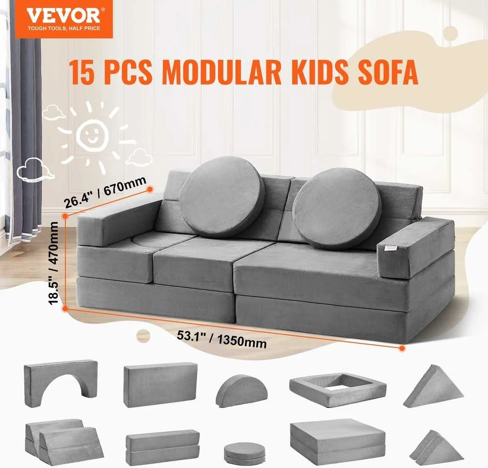 Modulinė vaikiška žaidimų sofa, 15 dalių, 30+ kombinacijų, porolono sofa