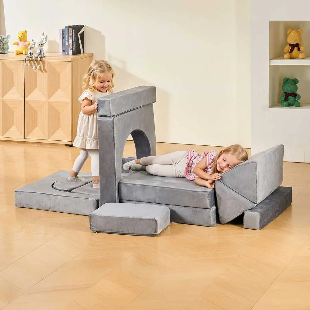 Modulinė vaikiška žaidimų sofa, sekcijinė mažylio sofa, kūrybinis derinys žaidimų kambariui, pilki vaikiški baldai, 14 dalių sofos komplektas