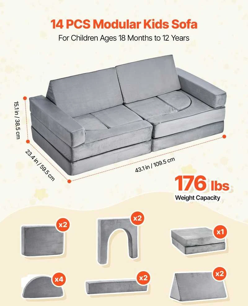 Modulinė vaikiška žaidimų sofa, sekcijinė mažylio sofa, kūrybinis derinys žaidimų kambariui, pilki vaikiški baldai, 14 dalių sofos komplektas