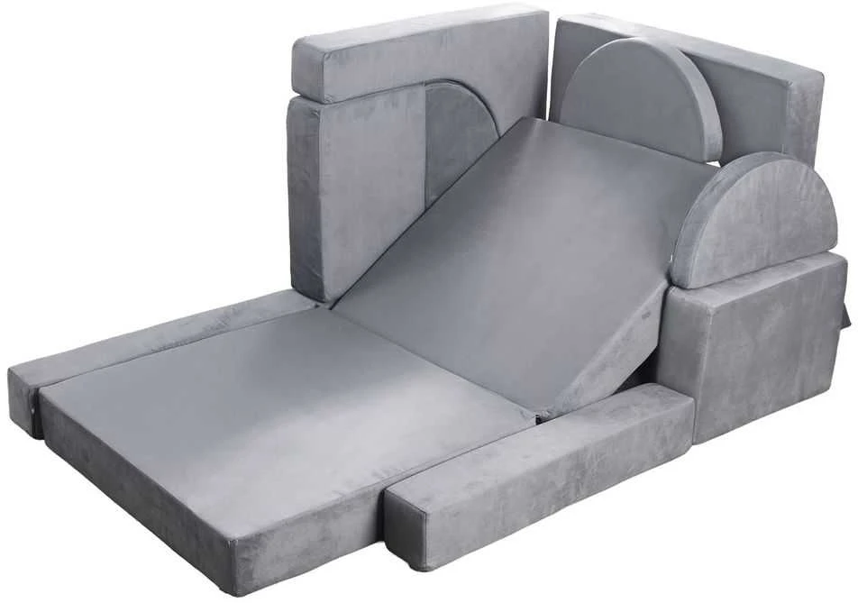 Modulinė vaikiška žaidimų sofa, sekcijinė mažylio sofa, kūrybinis derinys žaidimų kambariui, pilki vaikiški baldai, 14 dalių sofos komplektas