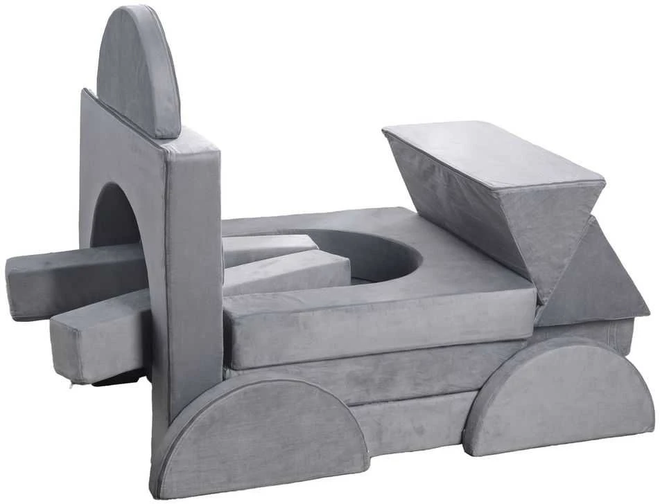 Modulinė vaikiška žaidimų sofa, sekcijinė mažylio sofa, kūrybinis derinys žaidimų kambariui, pilki vaikiški baldai, 14 dalių sofos komplektas