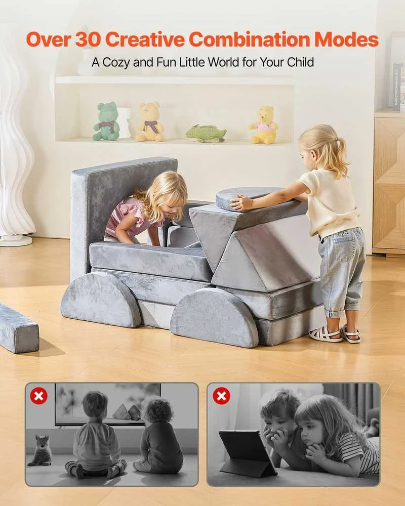 Modulinė vaikiška žaidimų sofa, sekcijinė mažylio sofa, kūrybinis derinys žaidimų kambariui, pilki vaikiški baldai, 14 dalių sofos komplektas