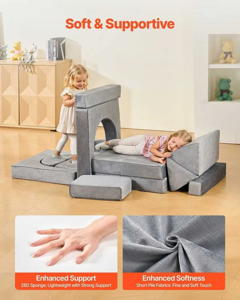 Modulinė vaikiška žaidimų sofa, sekcijinė mažylio sofa, kūrybinis derinys žaidimų kambariui, pilki vaikiški baldai, 14 dalių sofos komplektas