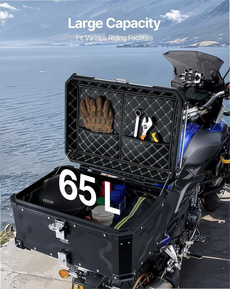 Motociklo galinė dėžė, universali aliuminio lydinio bagažinė, vandeniui atspari nuimama motociklo daiktadėžė su užraktu ir nugaros atrama, 65L talpa, tinka daugumai motociklų, kelioninis lagaminas