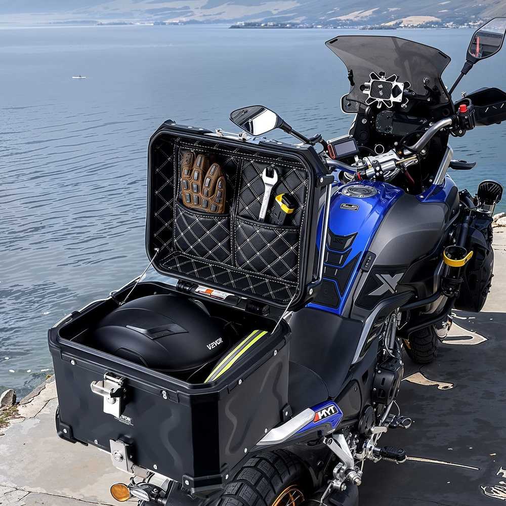 Motociklo viršutinis dėklas, 55L universalus motociklo galinis dėklas, aliuminio lydinio bagažinė su atlošu