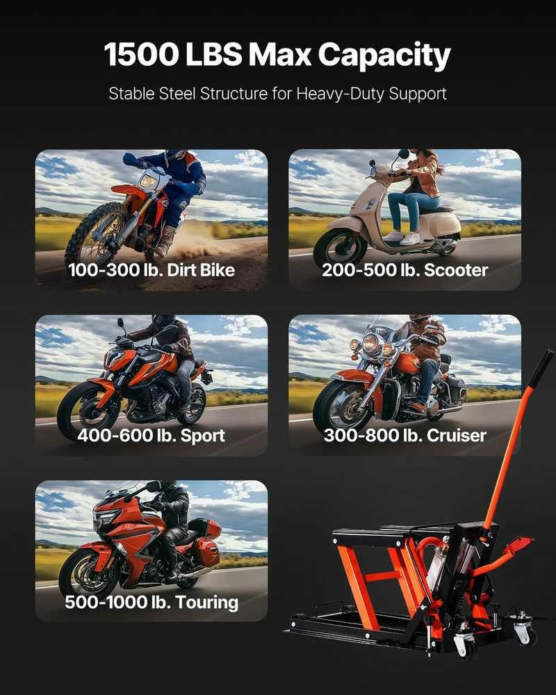 Motociklų keltuvas remontui, hidraulinis motociklų domkratas, sunkiasvoris motociklų stovas, motociklų priežiūros platforma, keturračių keltuvas garažui