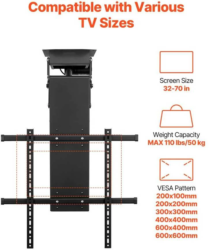 Motorizuotas lubinis TV laikiklis 32-70" ekranams, elektrinis nuleidžiamas, reguliuojamas, biurui, restoranui, sporto salei, lubinis televizoriaus laikiklis, TV pakabinimo mechanizmas