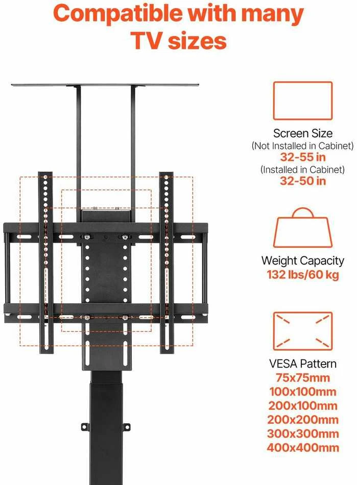 Motorizuotas televizoriaus keltuvas su pultu, reguliuojamas laikiklis, elektrinis stovas namams, biurui, restoranui, sporto salei. Tinka 81-140 cm televizoriams