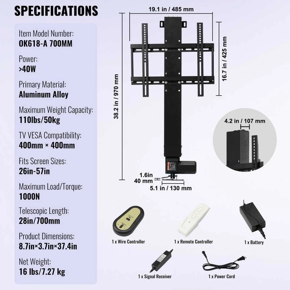 Motorizuotas TV pakėlimo mechanizmas 70 cm, reguliuojamas aukštis, 60 kg, televizoriaus keltuvas