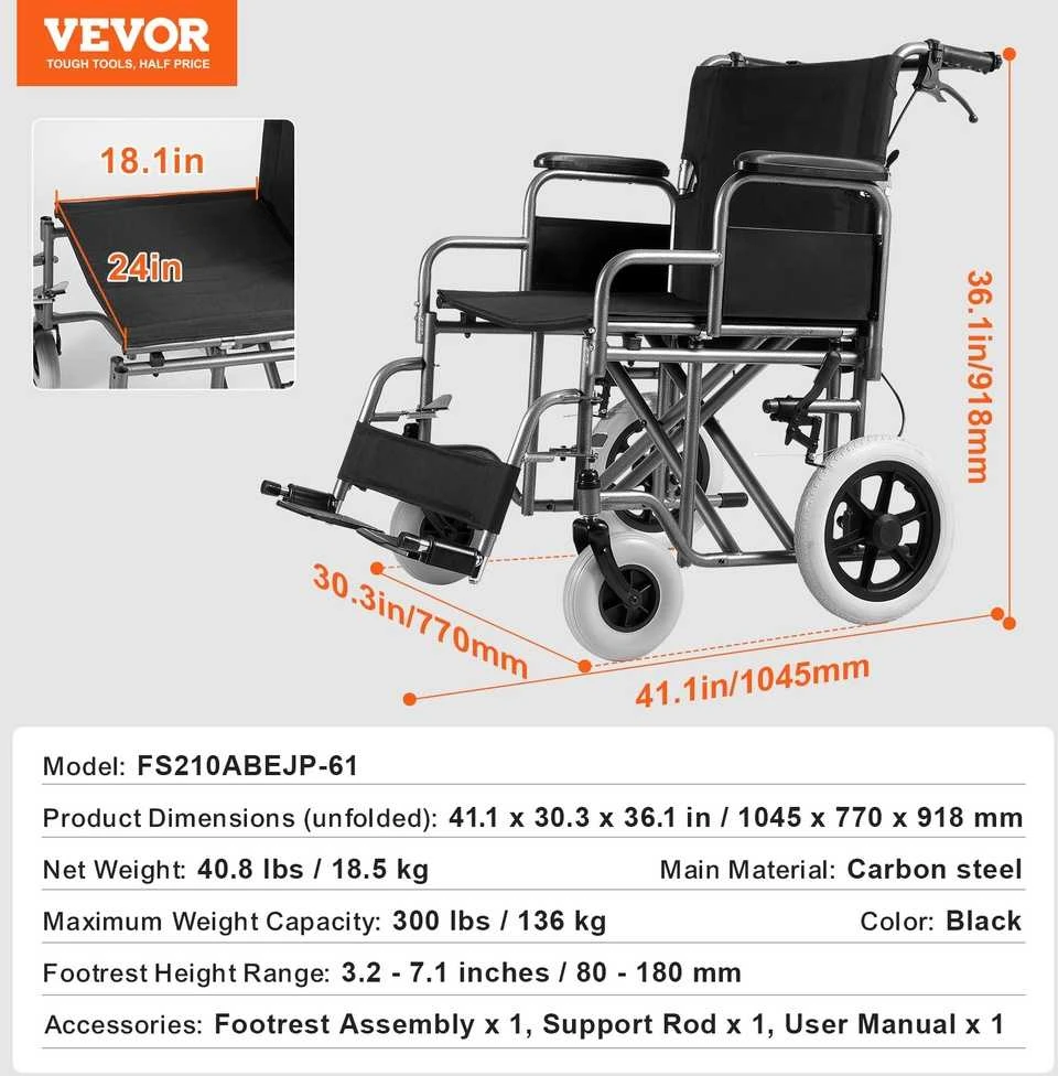 Neįgaliojo vežimėlis plieno sulankstomas 61 cm pločio sėdynė 136 kg talpa reguliuojami porankiai ir pakojai lengvas kelioninis neįgaliųjų vežimėlis transportinis vežimė