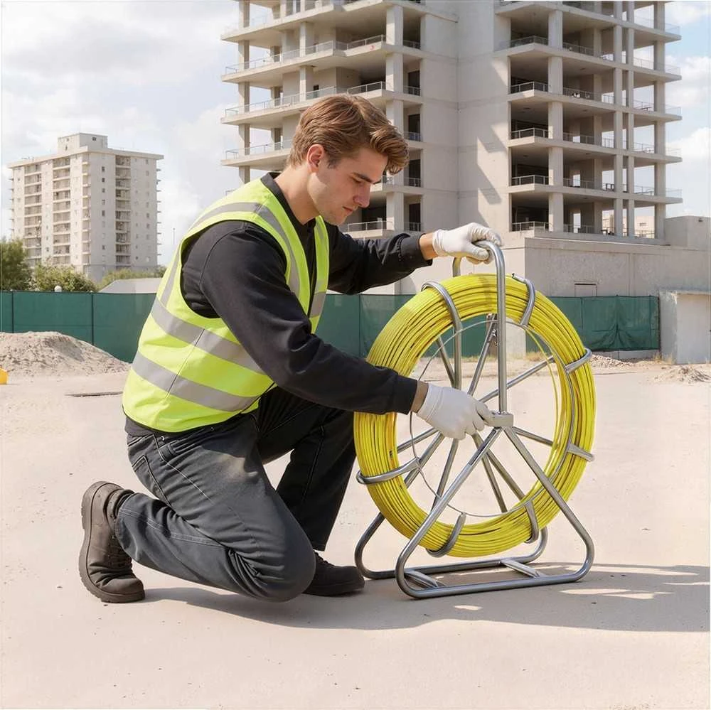 Stiklo pluošto traukimo juosta sienoms, grindims, ir elektros vamzdžiams, su stovu ir užrakinimo mechanizmu, nelaidi, kabelių traukimo įrankis, vielos prastūmimo strypas
