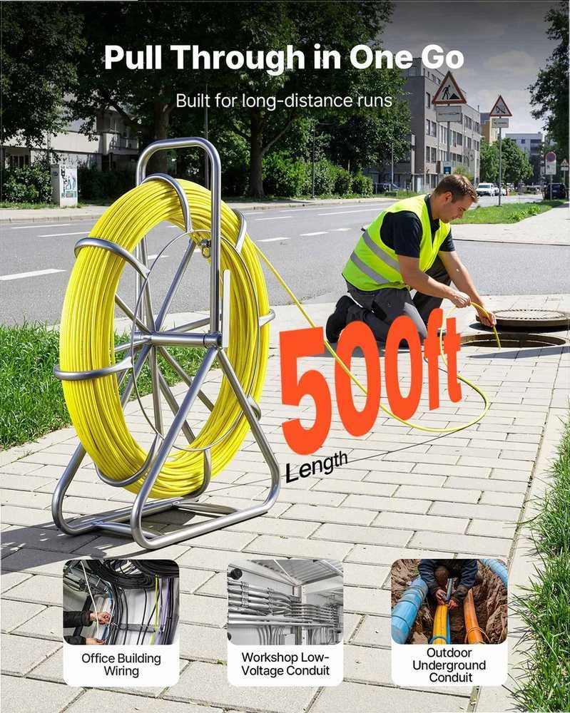 Stiklo pluošto traukimo juosta sienoms, grindims, ir elektros vamzdžiams, su stovu ir užrakinimo mechanizmu, nelaidi, kabelių traukimo įrankis, vielos prastūmimo strypas