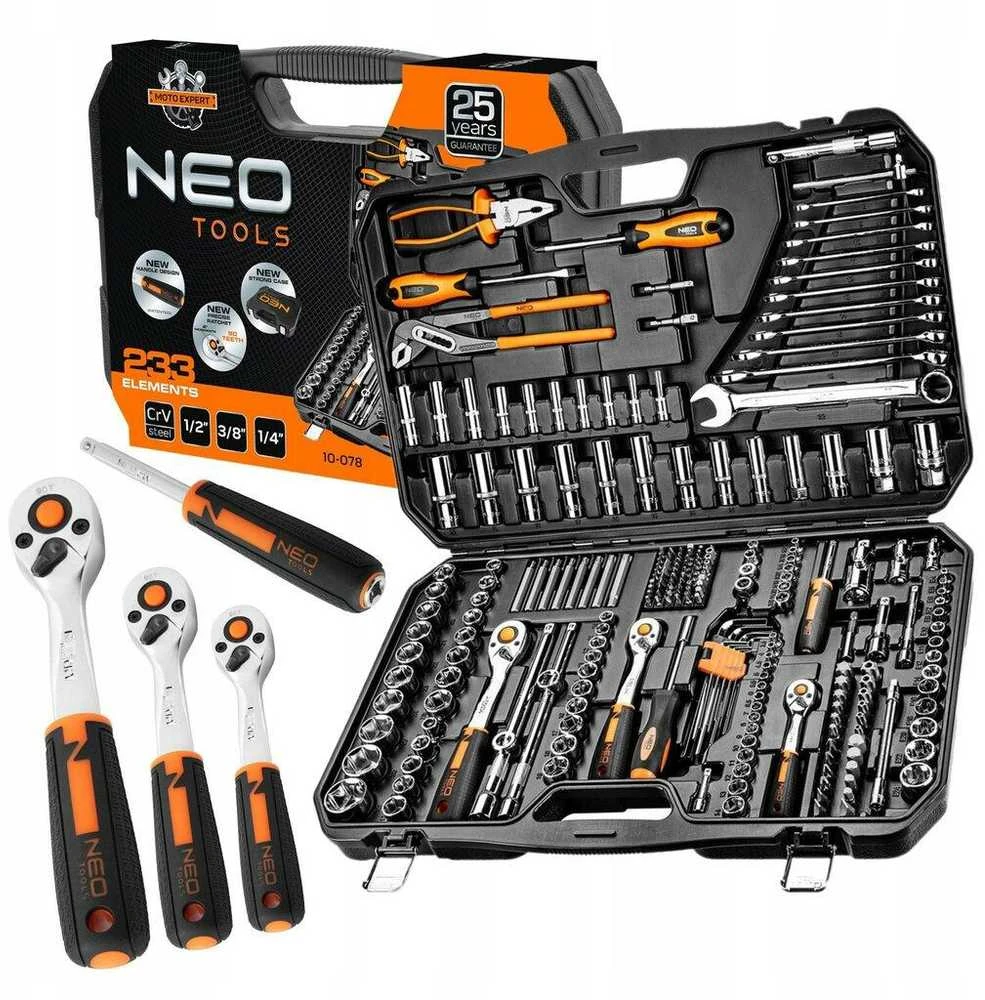 Neo Tools 233 dalių veržliarakčių rinkinys su reketiniais raktais, atsuktuvais ir replėmis