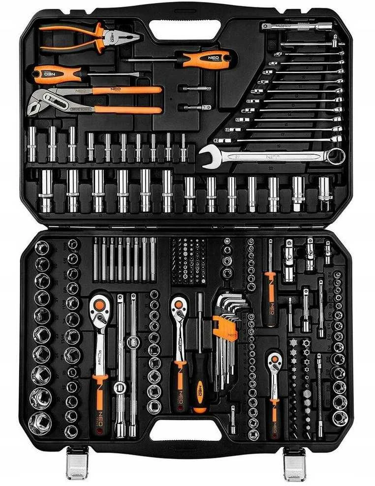 Neo Tools 233 dalių veržliarakčių rinkinys su reketiniais raktais, atsuktuvais ir replėmis