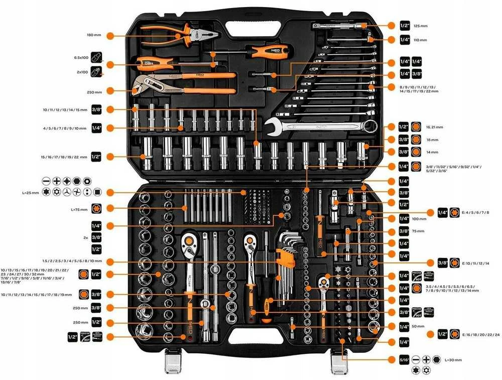 Neo Tools 233 dalių veržliarakčių rinkinys su reketiniais raktais, atsuktuvais ir replėmis