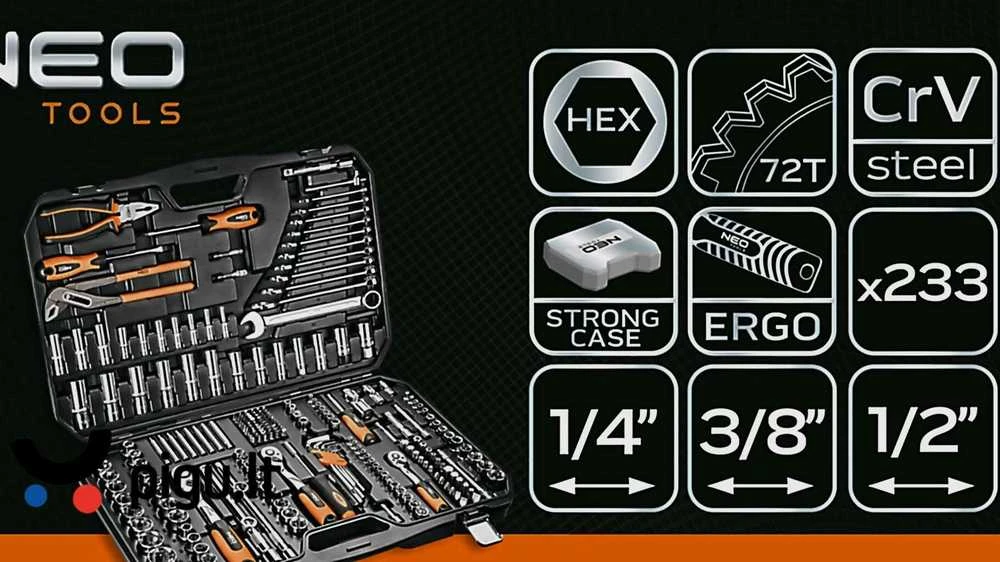 Neo Tools 233 dalių veržliarakčių rinkinys su reketiniais raktais, atsuktuvais ir replėmis