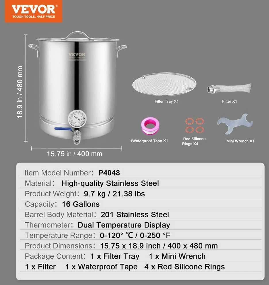 VEVOR Nerūdijančio plieno alaus puodas 60L