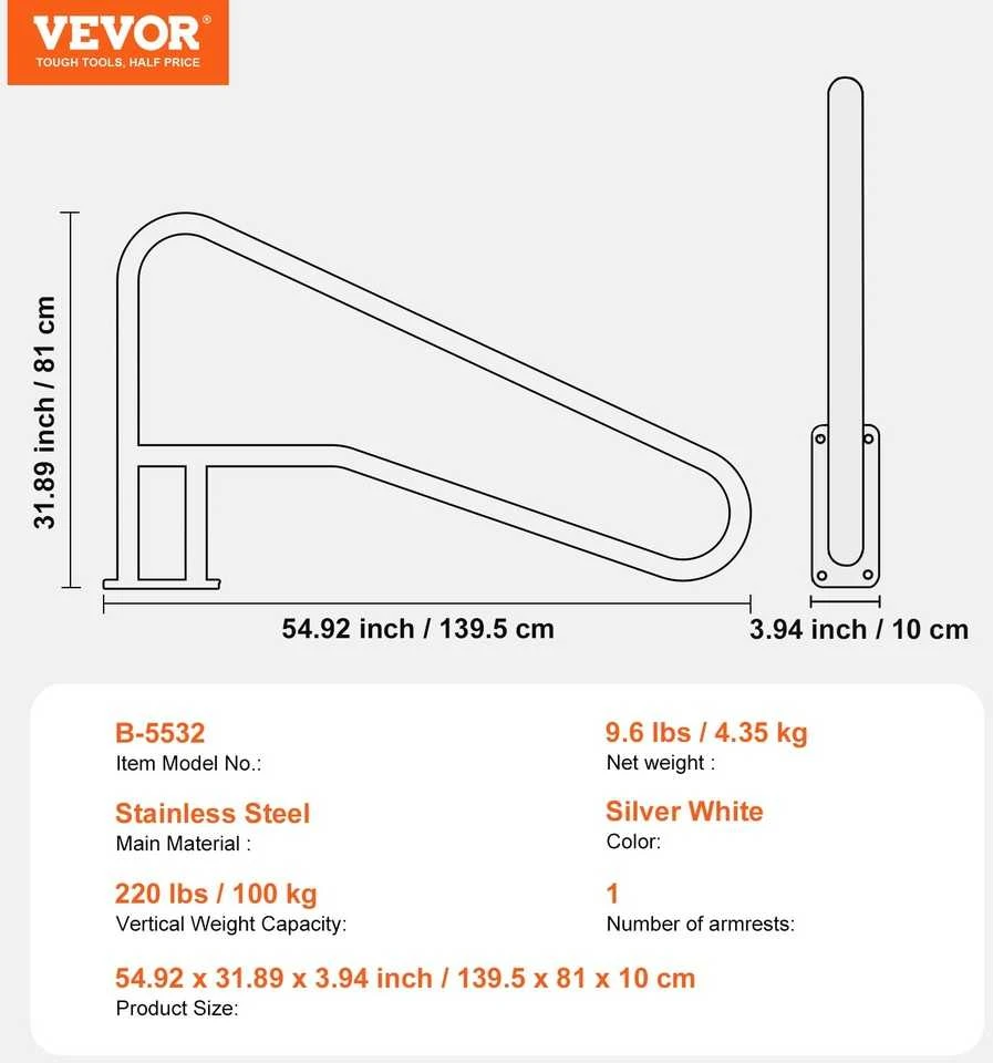 Nerūdijančio plieno baseino turėklai SPA ir plaukimo baseinams, 1395 x 810 mm, neslystantys, atsparūs korozijai, lauko baseino apsauginiai turėklai, kopėtėlių turėklai