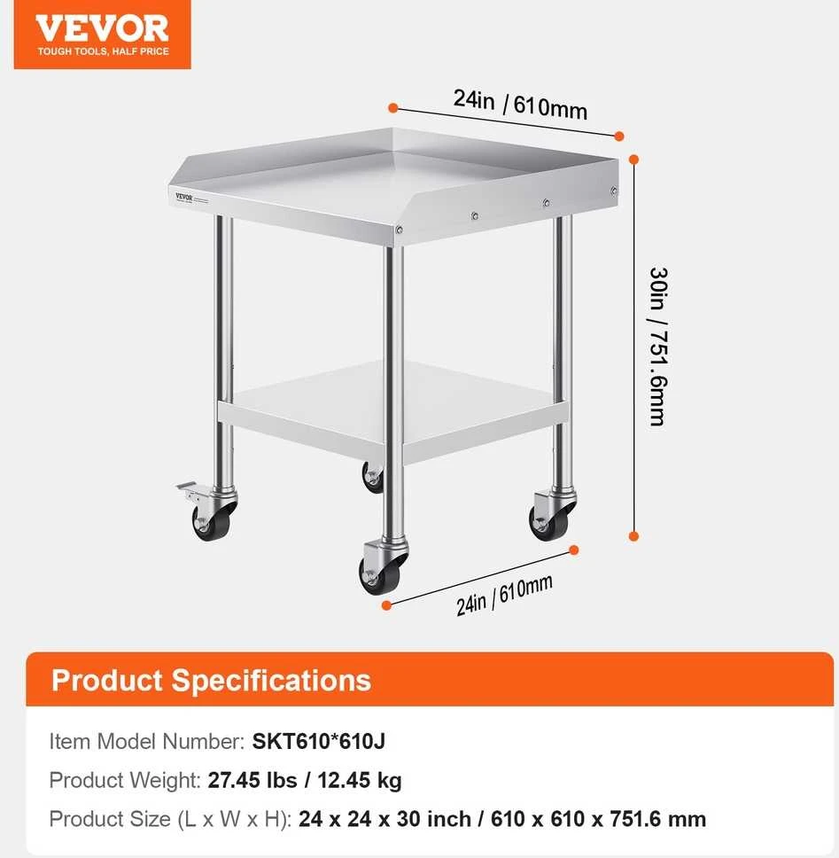 Nerūdijančio plieno darbo stalas 610x610 mm su ratukais, komercinis maisto ruošimo stalas, metalinis restorano stalas, virtuvės stalas, gamybos stalas