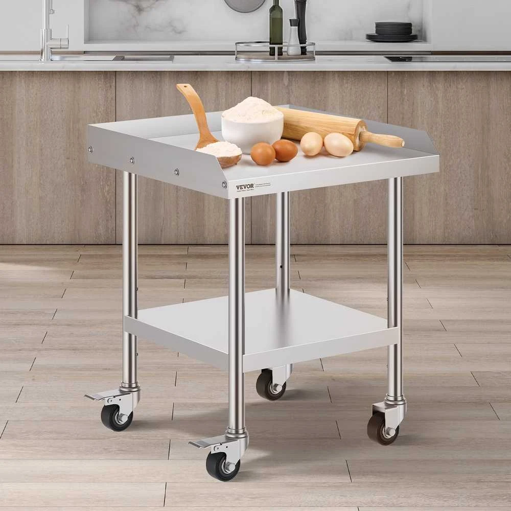 Nerūdijančio plieno darbo stalas 610x610 mm su ratukais, komercinis maisto ruošimo stalas, metalinis restorano stalas, virtuvės stalas, gamybos stalas